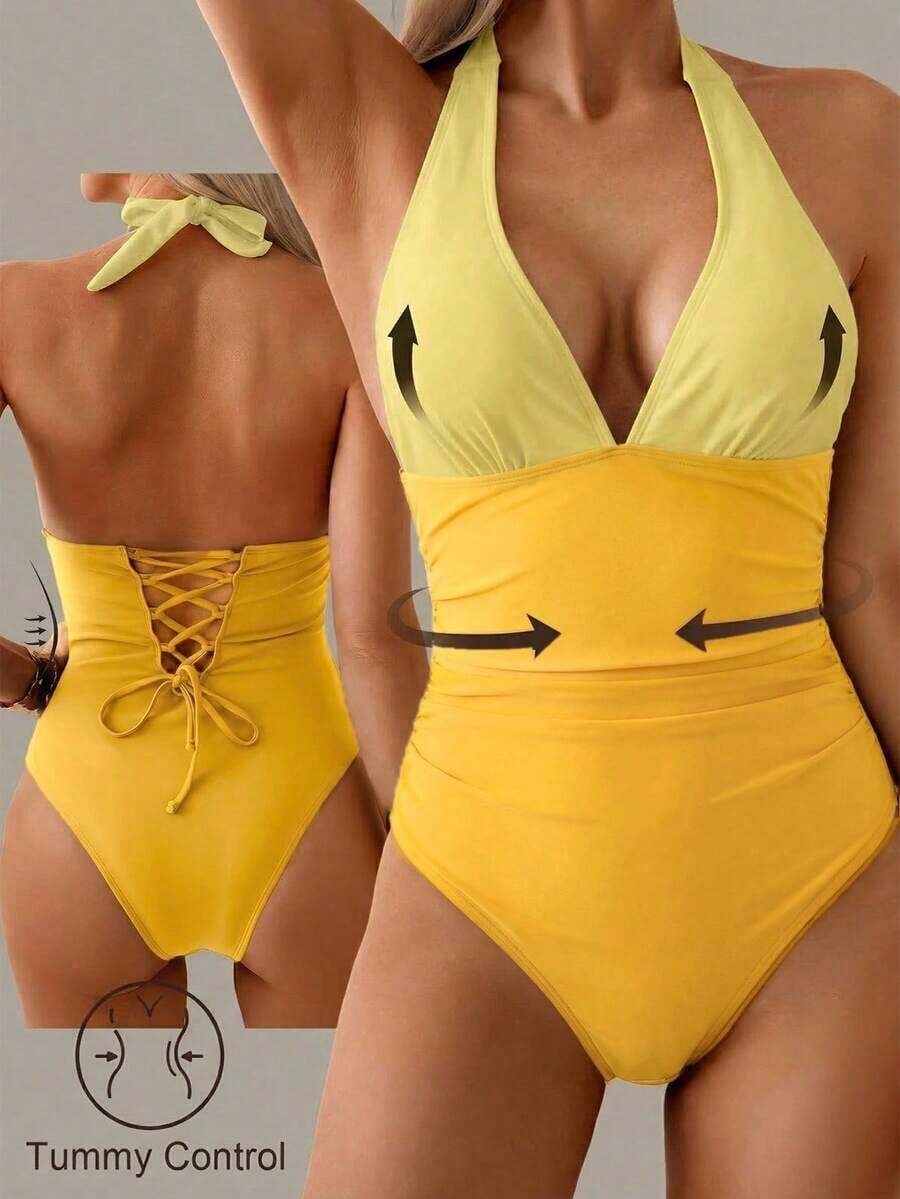Traje de baño de una pieza con control de abdomen, estilo minimalista de unicolor, con escote halter y espalda descubierta, para vacaciones de verano en la playa - Amarillo - Ver 1