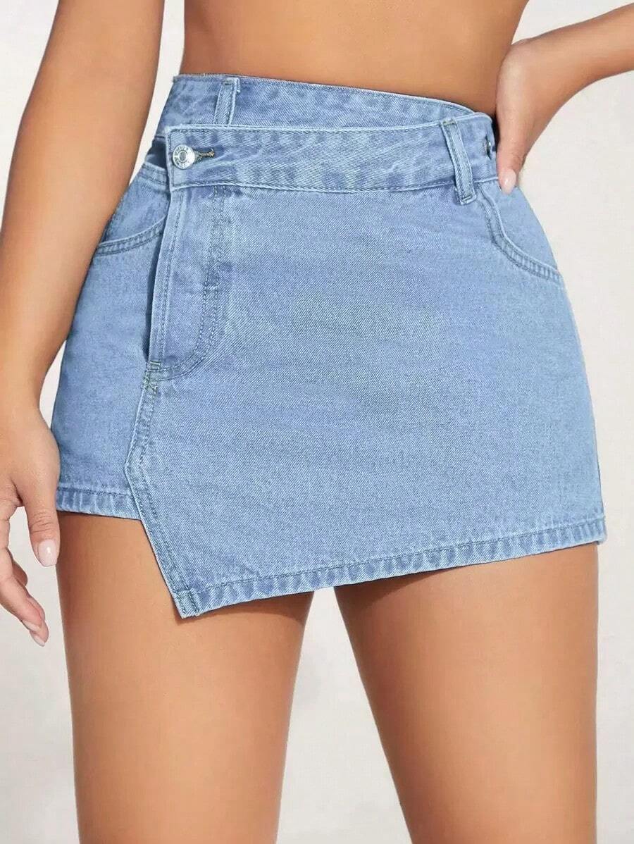 PETITE Falda-pantalón asimétrica casual de mezclilla con bolsillos para mujer - Lavado ligero - Ver 1