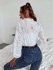 Camisa de mujer de unicolor con cuello Mao, versátil y casual para uso diario - Blanco - Ver 2