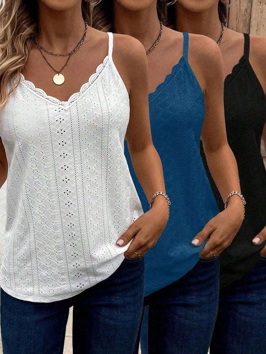 3 piezas Camiseta de mujer de verano casual con encaje calado y textura de punto, top de verano para mujer, top de verano bohemio, top de verano para mujer, top de verano con cuello en V, top de encaje para mujer - Multicolor 10 - Ver 1