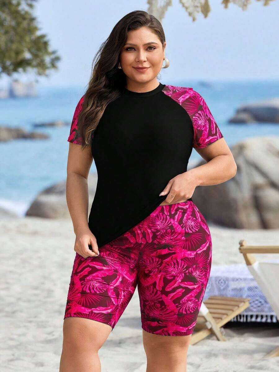 Swim Lushoire Tankinis de traje de baño de talla grande para mujer con estampado tropical de plantas para vacaciones de verano en la playa - Rosa Fucsia - Ver 1