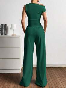 Set de 2 piezas de top sin mangas ajustado de unicolor con hombro asimétrico y pantalones largos, verano marrón - Verde Oscuro - Ver 2