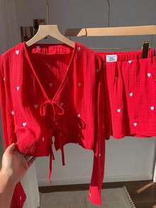 Conjunto de top de manga larga y pantalones cortos con estampado de corazones rojos y blancos, conjunto de Navidad para mujer - Rojo y blanco - Ver 4