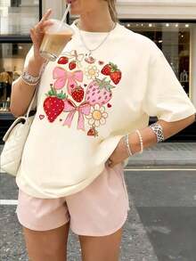 Short-Sleeved T-Shirt For Spring And Summer 2026, Made In Mexico, 180 Grams. Cartoon Print, Couple Design, Suitable For Indoor Or Outdoor Wear. Crew Neck, Unisex, For Office And Leisure. One-Piece Pack. Women's Blouses, Women's T-Shirts, Casual Blouses For Ladies - 杏 - 查看 1