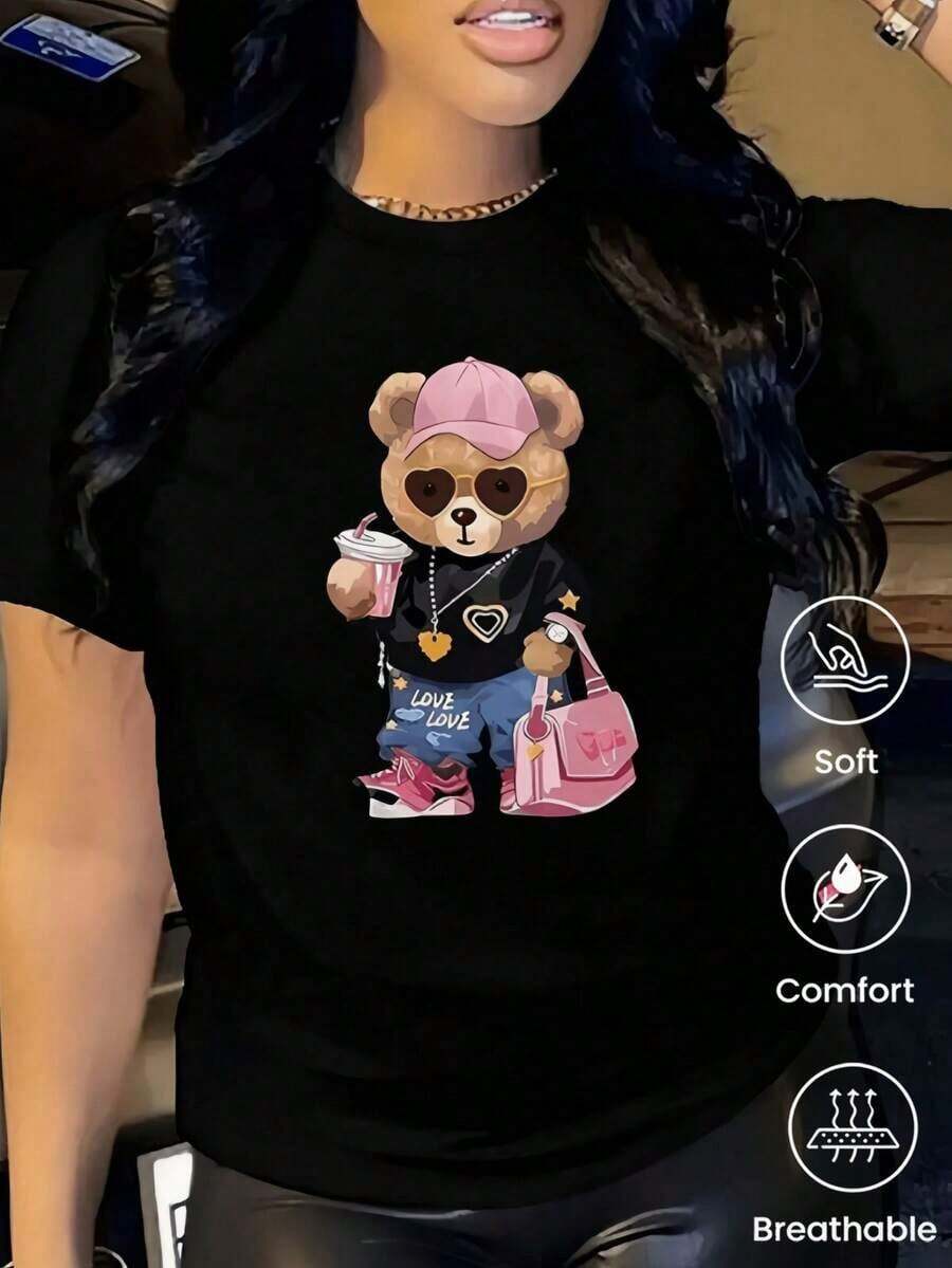 Camiseta de cuello redondo y mangas cortas de ropa fashion, fabricada enéxico, para la temporada primavera-verano 2025.Con estampado de dibujos animados, un modelo de pareja, apta para usar tanto por dentro como por fuera, para oficina y estilo casual, diseñpara hombres y mujeres, en unidad individual.blusas para mujer playeras de mujer blusas casuales para dama - Negro - Ver 1