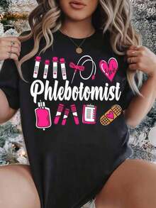 Gift: 1 Women's T-Shirt With Phlebotomist Print, Round Neck, Casual Cotton T-Shirt, Medium Stretch Knit Fabric, Regular Fit, Ideal For Spring/Summer/Autumn, Nurse's Day, Mother's Day, Independence Day, Soft. - 黑色 - 查看 1