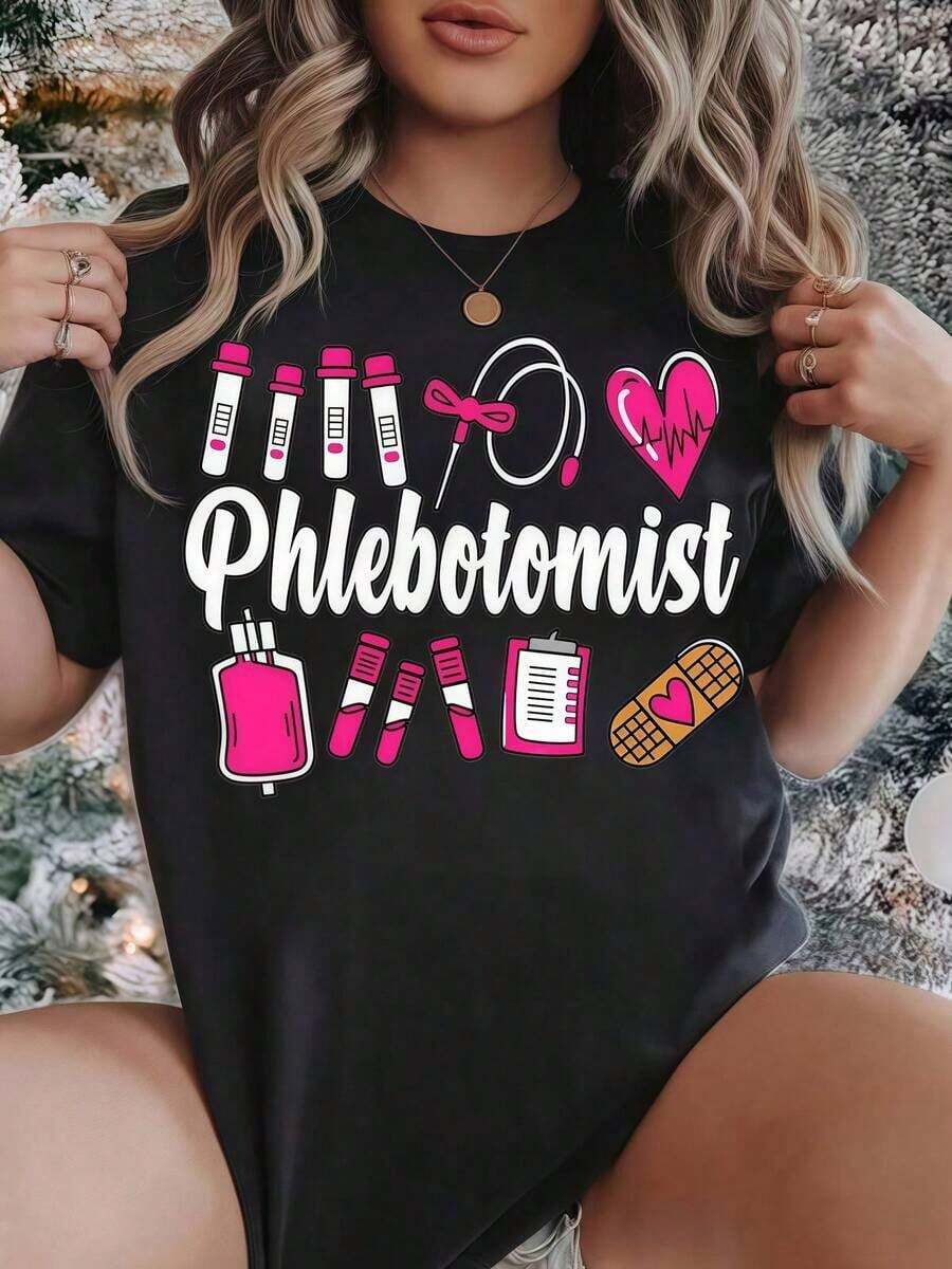 Gift: 1 Women's T-Shirt With Phlebotomist Print, Round Neck, Casual Cotton T-Shirt, Medium Stretch Knit Fabric, Regular Fit, Ideal For Spring/Summer/Autumn, Nurse's Day, Mother's Day, Independence Day, Soft. - 黑色 - 查看 1