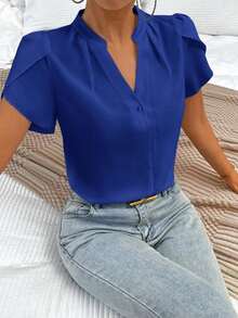 Blusa de trabajo con cuello en pico y mangas de pétalo de color blanco para mujer, blusas de manga corta - Azul - Ver 5