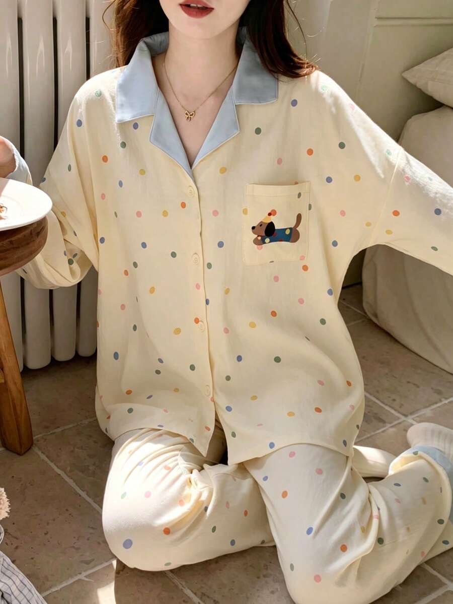 2 piezas Conjunto de pijama para mujer, parte superior con estampado de lunares de colores con bolsillo, estampado de perro de dibujos animados, pantalones cómodos, adecuado para primavera, otoño e invierno - Multicolor - Ver 1