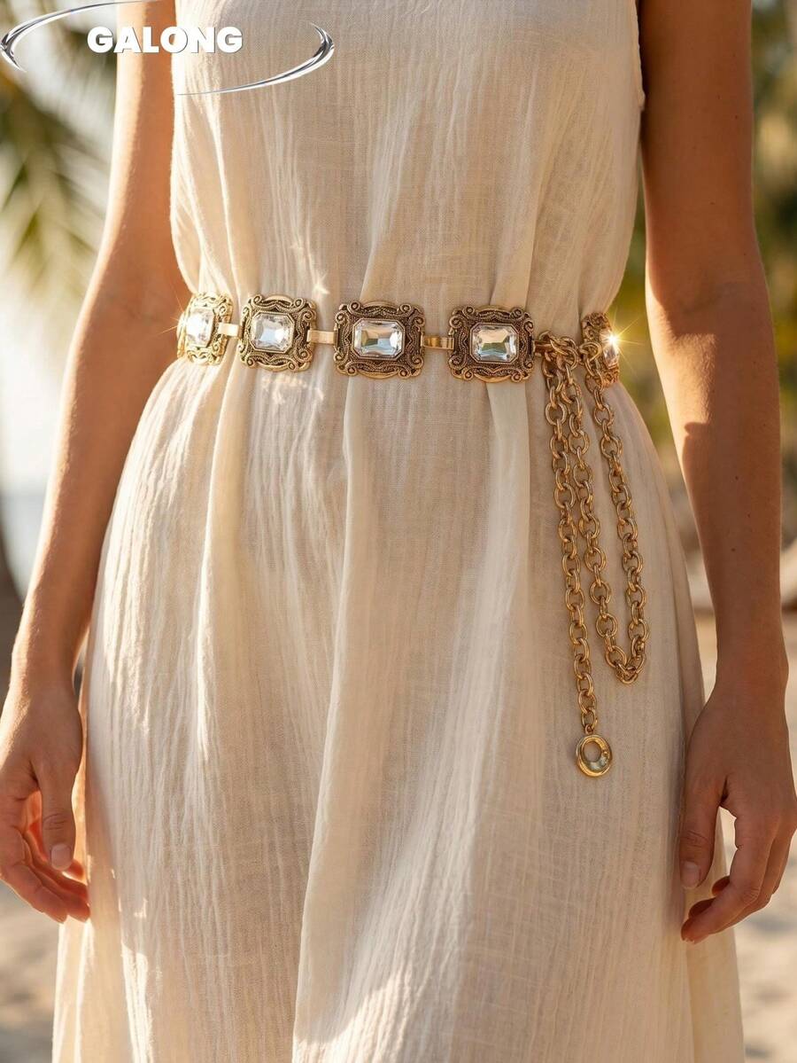[Vintage Gold Rhinestone Carved] Square Waist Chain For Women 2024 New Ins Luxury Waist Chain, Y2K Multi-Layer Tassel Waist Belt Accessory For Dress - Waist Chain - View 1