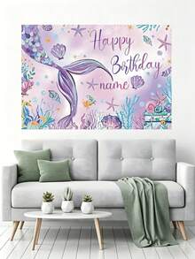 可客製化美人魚主題生日背景布，紫色漸層美人魚尾巴、寶箱、海星、貝殼等裝飾，適用於美人魚主題生日、SPA派對、禮品等場合，乙烯基攝影背景布，客製化派對橫幅 - 紫色 - 查看 7