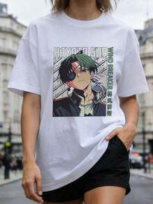 Fashion Printed T‑Shirts for Women, Oversized Streetwear Tops, Comfortable and Stylish All‑Match Summer TeesCamiseta de manga corta de cuello redondo suave y casual de verano para mujer, con estampado vintage de personaje de anime Hayato Sudo Wind Breaker con texto en kanji. - Blanco - Ver 5
