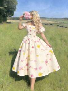 Vestido midi con hombros descubiertos, mangas abullonadas y estampado floral, primavera - Multicolor 3 - Ver 4