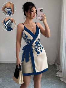 Vestido mini sexy y elegante con cuello en V estilo envolvente y estampado para mujeres - Lavado ligero - Ver 12