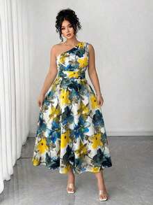 Vestido elegante de mujer de talla grande con estampado floral azul y blanco, elegante y chic para fiestas, graduaciones, vacaciones, festivales, citas, bodas y salidas - Blanco - Ver 3