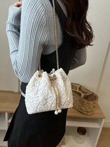 Bolso de hombro tipo cubo mini con cadena y unicolor de encaje de moda - Blanco - Ver 4