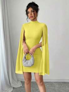 Vestido de capa ajustada con cuello mao de unicolor - amarillo ganso - Ver 3