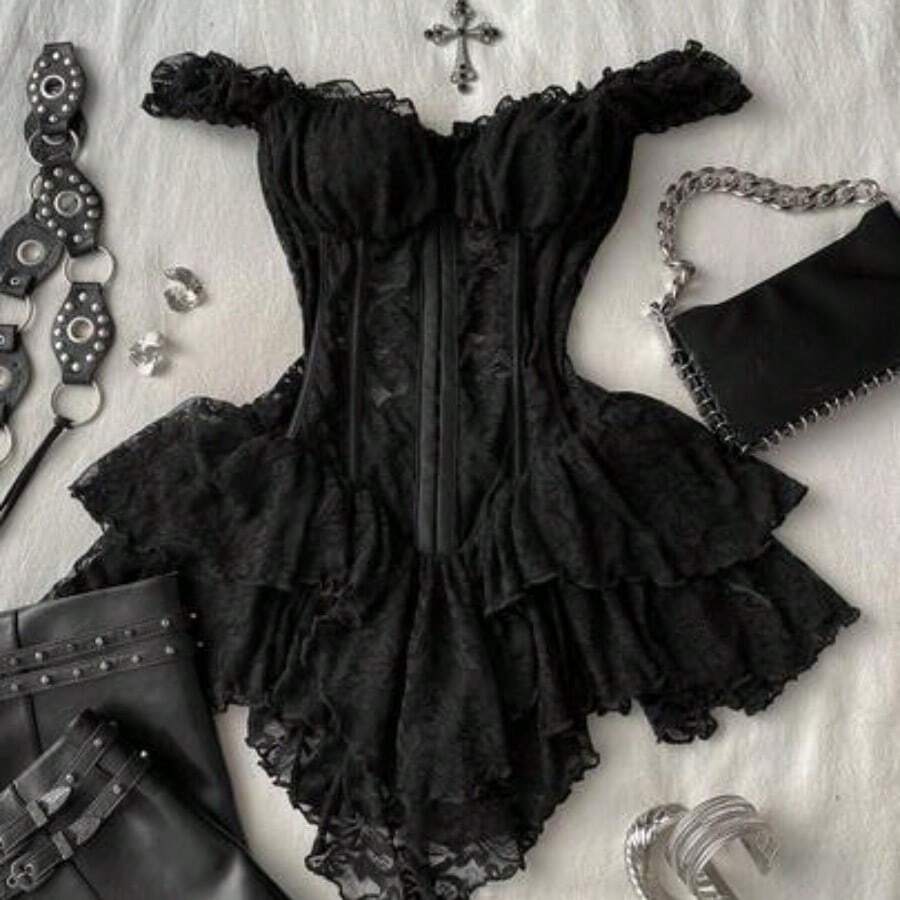 Women's Casual Retro Corset Lace Bodycon Asymmetrical Hem Mini Dress, Suitable For Y2K,Summer Dresses For Women - Negro - Ver 1