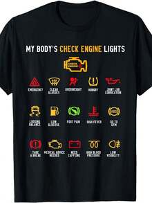 Camiseta con patrón de luz de avería de vehículo de mi cuerpo - Camiseta negra única con iconos de advertencia relacionados con coches y descripciones interesantes, llamativo diseño de texto en amarillo y blanco, perfecta para amantes de los coches, ropa casual perfecta, regalo ideal para - Negro - Ver 5
