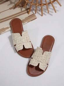 Women's White Jacquard Fabric Flat Slide Sandals, Open Toe Slip-On Casual Slippers, Non-Slip Soft Sole Summer Beach & Daily Wear - Beige - View 1