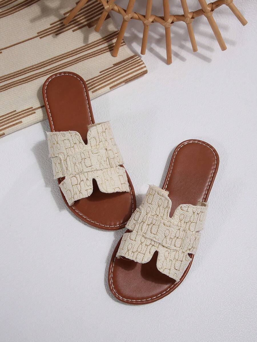 Women's White Jacquard Fabric Flat Slide Sandals, Open Toe Slip-On Casual Slippers, Non-Slip Soft Sole Summer Beach & Daily Wear - Beige - View 1