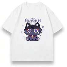 Mercancía del juego : Camiseta de manga corta con diseño del gato Wanderer Scaramouche para hombres y mujeres, ropa de anime de verano para estudiantes. - Blanco - Ver 7