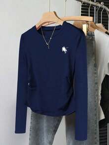 Camiseta casual de mujer de cuello redondo y manga larga con decoración de lazo - Burdeos - Ver 4