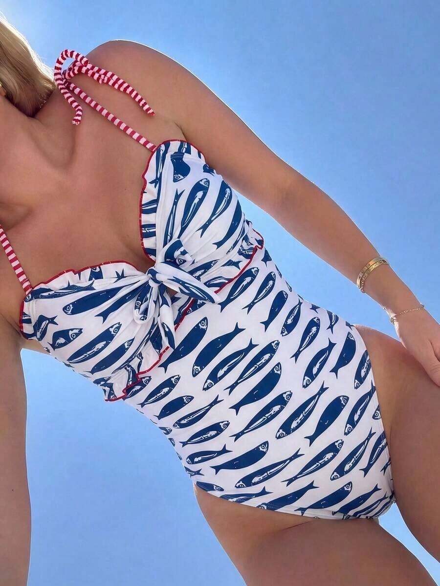 Swim Mod Ropa de playa de moda y linda para mujer, traje de baño de una pieza con volantes halter de tela especial a cuadros, adecuado para resort, fiesta, yate, primavera/verano - Multicolor 4 - Ver 1