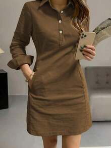 Vestido corto elegante de mujer con manga larga, estilo de moda casual con solapa y decoración de botones, para primavera y otoño - Cafetería - Ver 5