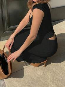 Conjunto de 2 piezas de blusa con escote de corazón y falda con bajo de sirena, unicolor, elegante, para mujeres - Negro - Ver 4