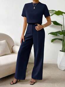 Camisa crop unicolor & Pantalones de pierna ancha - Azul marino - Ver 4