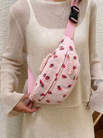 New Strawberry Corduroy Women's Waist Bag, Soft Casual Crossbody Bag, Woven Zipper Closure Double Pockets Organizer, Suitable For Daily Outing And Sports