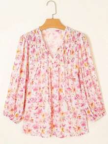 Acelitt Blusa de cuello en V con mangas de pétalo, cintura alta, estampado floral rosa y flecos, ideal para vacaciones y primavera - Rosa - Ver 3