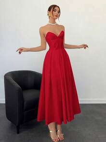 Vestido elegante y sexy para fiesta con escote profundo en V, vestido tubo rojo con fruncido en el bajo, color marfil.Nuevo para otoño/invierno. - Rojo - Ver 4