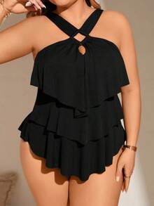 Swim Lushoire Conjunto de Tankini de cuello Halter simple y hueco para playa de verano en talla grande - Negro - Ver 4