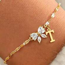 Nuevo brazalete de mariposa con circonita y letra, brazalete de 26 letras creativo y delicado, joyería de lujo para mujer - oro - Ver 22