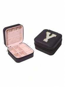 Personalized Jewelry Box, Initial Letter Jewelry Box, Customizable Letter, Multi-Function Jewelry Storage Box, Compact Jewelry Box, Cosmetic Storage Box, Travel Essentials, Rings, Necklaces, Earrings Jewelry Storage, Bridal Gift, Personalized Gift - Black - View 13
