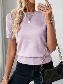 Blusa de punto de manga corta de unicolor y estilo minimalista, para uso diario - Lila Púrpura - Ver 5