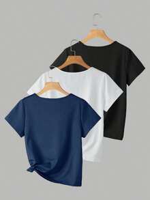 3 piezas Camiseta de mujer de cuello en V de manga corta, tops casuales versátiles clásicos, moda minimalista, adecuada para exteriores, fiestas, estudiantes, maestros, uso diario - Multicolor 5 - Ver 2