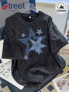 1 Piece Of Vintage Summer Washed Cotton Short Sleeve T-Shirt, American Style With Frayed Edges And Star Print, Plus Size Top For Women, Loose Fit, Dropped Shoulders, Round Neck, Oversized Style, Comfortable And Fashionable, Versatile For Everyday Wear, Y2k Women's Clothing, 100% Cotton 180g. - 黑色 - 查看 12