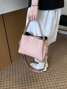 Dedoo Double Shoulder Strap Bucket Shoulder Bag, Metal Hardware Decoration, Adjustable Wide Strap, Large Capacity Women's Daily Commute Crossbody Bag - Pink - View 8