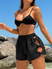 Swim  Shorts de playa casuales para mujer de unicolor con lazo, verano - Negro - Ver 5