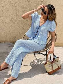 Set de 2 piezas de blusa con manga abullonada y pantalón a rayas con lazo delantero para mujer, para el verano - Azul y blanco - Ver 3