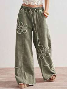 Jeans de pierna ancha de unicolor casual para mujer - Gris - Ver 4