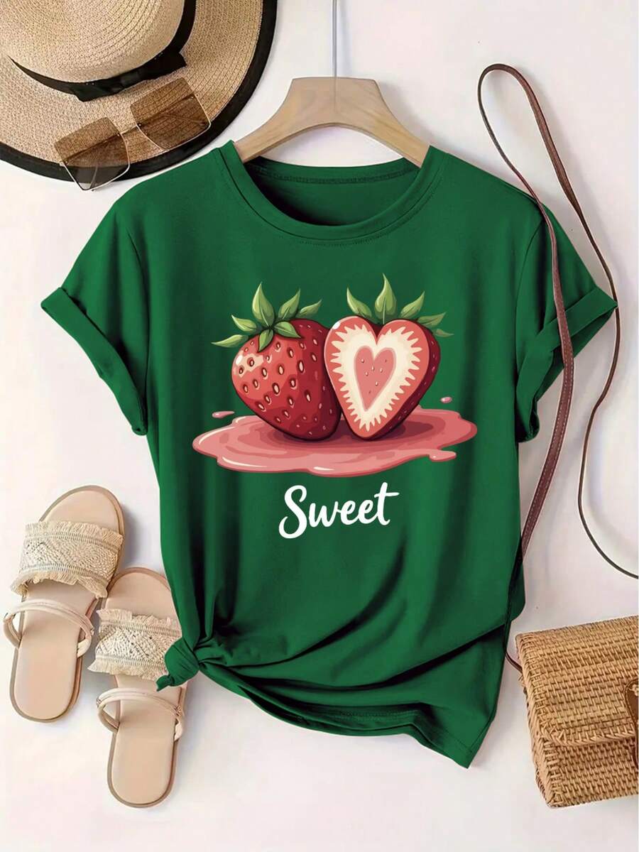 Camiseta manga corta cuello redondo 100% algodón, estampado trendy, tejido ligero y ventilado, estilo moda casual, apta para vida diaria, salidas informales y citas en primavera, verano y otoño - Verde - Ver 1