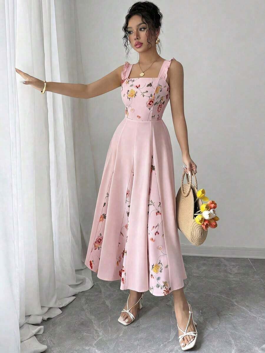 Vestido de línea A con estampado de patchwork en la cintura para mujer, elegante para vacaciones, viajes y uso diario, sin mangas - Rosa vieja - Ver 1