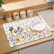 1pc Dish Drying Mat, Coffee Machine Mat, Checkered Background With Colorful Wild Flowers And Butterflies Pattern, Fresh And Natural Style, Suitable For Dining Table And Cafe, Absorbent And Draining, Multi-Purpose Pad, Home Gift, Desktop Decor - XYLSD-361 - View 9