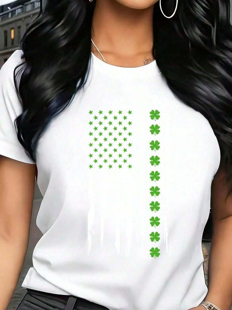 Camisetas estampadas de moda para mujer, tops de estilo urbano de talla grande, camisetas de verano cómodas y elegantes que combinan con todo. Camiseta de mujer con estampado de la bandera de San Patricio, manga corta informal para fiestas y festivales. - Blanco - Ver 1