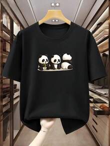 Camiseta de talla grande para hombre 100% algodón con gráfico de tres pandas adorables, cuello redondo, manga corta, cómoda y casual para verano, TALLA GRANDE - Negro - Ver 2