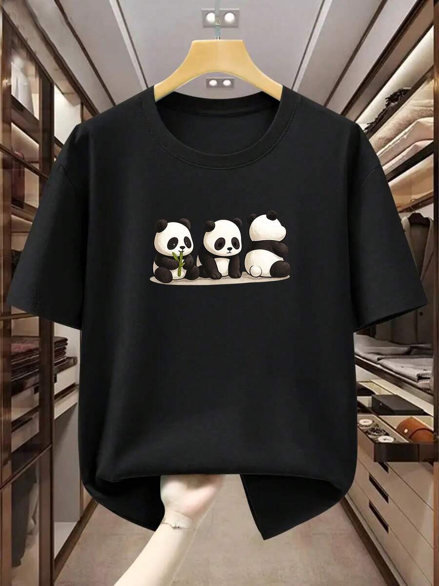 Camiseta de talla grande para hombre 100% algodón con gráfico de tres pandas adorables, cuello redondo, manga corta, cómoda y casual para verano, TALLA GRANDE